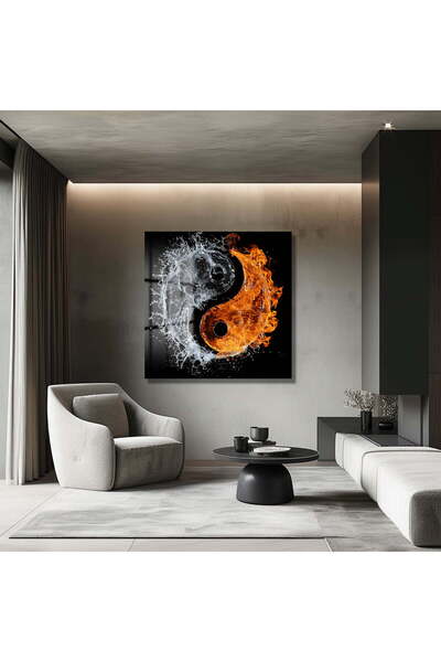 GLAZELLA Su ve Ateş Ying Yang Kare Cam Tablo