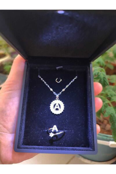 HKN AVM ACCESSORİES Işıklı Kutuda Harf Kolye Harf Yüzük A Harfi Kolye  Set Kombin