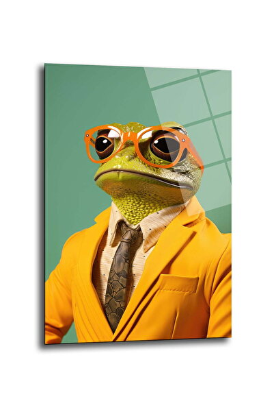 GLAZELLA Takım Elbiseli Kurbağa Dekoratif Dikey Cam Tablo, Ev Dekorasyon, Ofi...