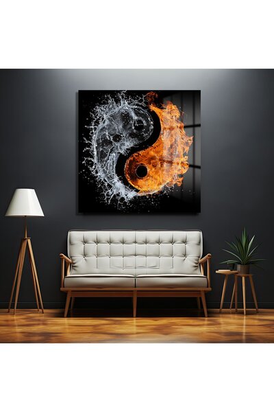 GLAZELLA Su ve Ateş Ying Yang Kare Cam Tablo