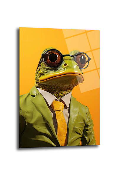 GLAZELLA Takım Elbiseli Sarı Kurbağa Dekoratif Dikey Cam Tablo, Ev Dekorasyon...