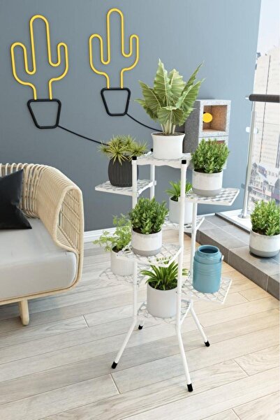 Armarks Beyaz Alin 8'li Çiçeklik, 8 Raflı Saksı Standı, 8 Raflı Plastik Saksılık, Dekoratif Saksılık