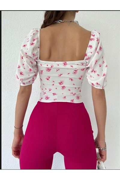 BE CHİC White Floral Patterned Square Collar Crop Blouse - Front Gather Detailed, Knitted AYD9001