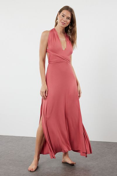 Trendyol Collection Μαξι πλεκτό φόρεμα παραλίας με ζώνη αποξηραμένο τριαντάφυλλο TBESS21EL2992