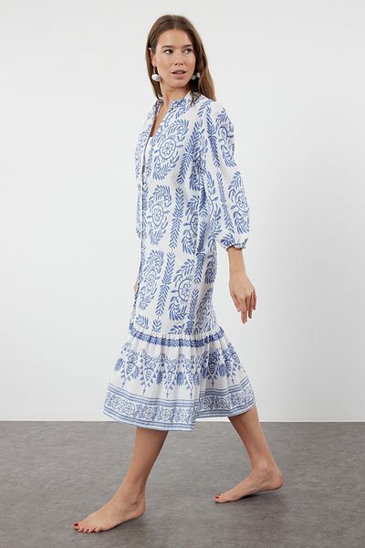 Trendyol Collection Rochie de plajă midi cu model șal albastru - Volane țesute TBESS24EL00155