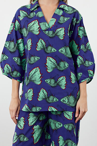 Trendyol Collection 100% Cotton Fish Patterned Blouse and Pants Set - TBESS24AU00070