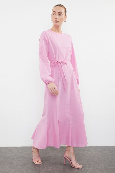 Trendyol Modest Βαμβακερό ροζ ζωσμένο φόρεμα - TCTSS24EB00168