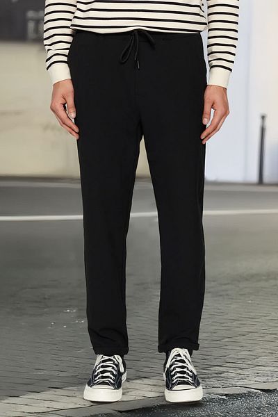Trendyol Collection Double Leg TMNAW21PL0107 – Schwarze Slim-Fit-Stoffhose mit elastischem Bund