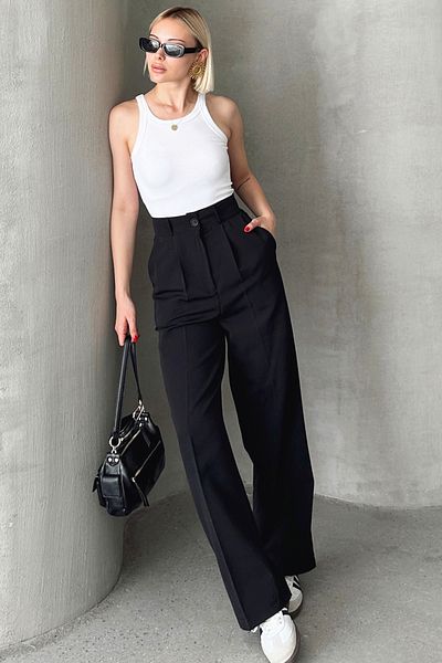 Trend Alaçatı Stili Black Linen Palazzo Trousers - Double Pocket, Pleated Alc-X12446