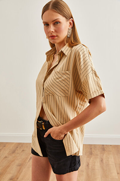 Olalook Μπεζ ριγέ γυναικείο πουκάμισο μονής τσέπης - GML-19001223