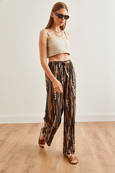 Olalook Dámské kalhoty Palazzo z viskózy s leopardím vzorem – hnědé, PNT-19000282
