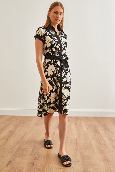 Olalook Černé viskózové mini košilové šaty s páskem - ELB-19002200