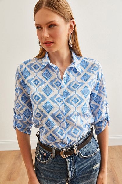 Olalook Dámská plátěná košile Baklava Blue s rukávem GML- 19000825