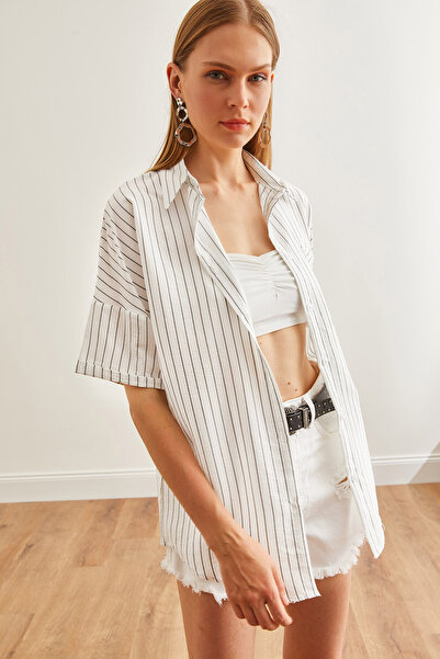 Olalook Λευκό ριγέ γυναικείο πουκάμισο μονής τσέπης - GML-19001223