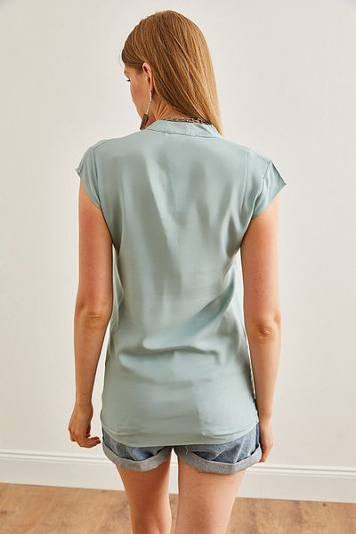Olalook Μέντα πράσινη βισκόζη μπλούζα - V-Neck, 4 κουμπιά, BLZ-19000279