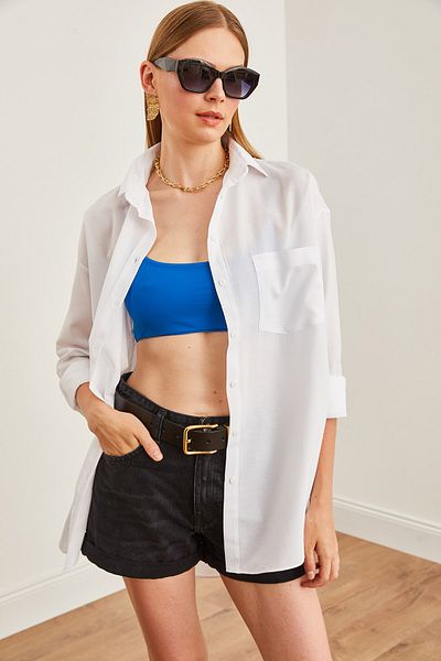 Olalook Bílá oversize dámská košile s jednou kapsou - GML-19001220