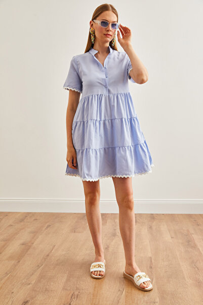 Olalook Baby Blue Mini Dress with Streamline Detail and Buttons ELB-19002194