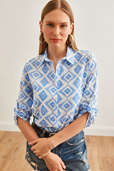 Olalook Cămașă de in pentru femei Argyle Blue cu mâneci pliate GML- 19000825