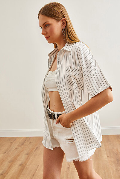 Olalook Cămașă pentru femei cu dungi albe cu un singur buzunar - GML-19001223