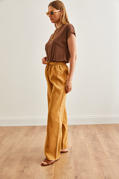 Olalook Kadın Sütlü Kahve Kuşaklı Beli Lastikli Palazzo Ayrobin Pantolon PNT-19000200