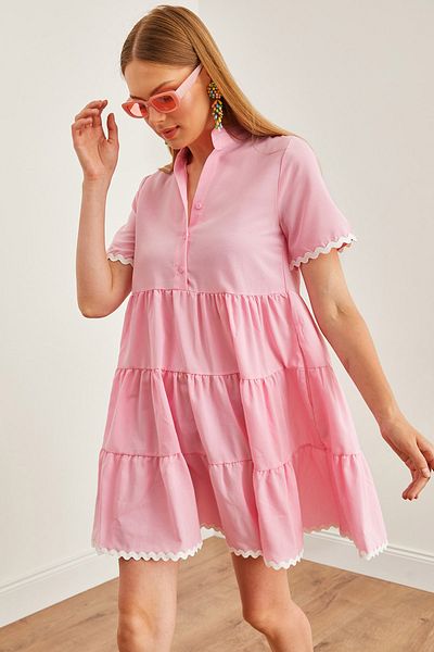 Olalook Bonbonrosa Minikleid mit Pulloverdetail für Damen – zum Knöpfen, ELB-19002194