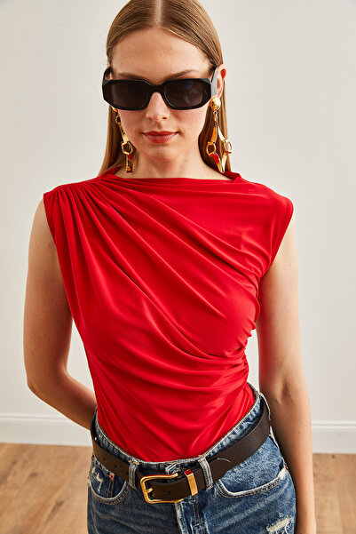 Olalook Piros női blúz - részletezett kendő, folyó BLZ-19002683