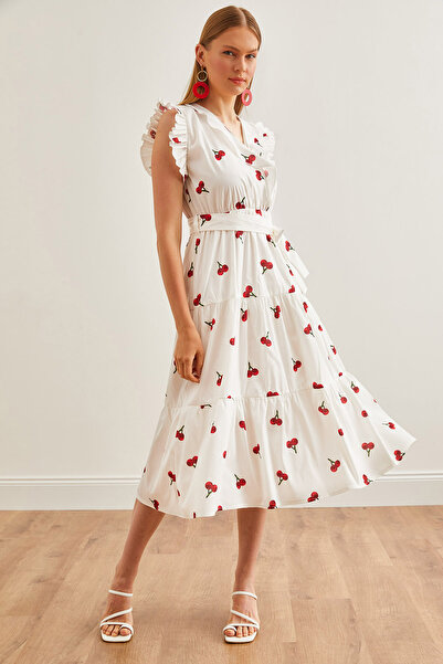 Olalook Λευκό-Κόκκινο Frill Λεπτομερές Μίντι Φόρεμα Ζώνης ELB-19002195