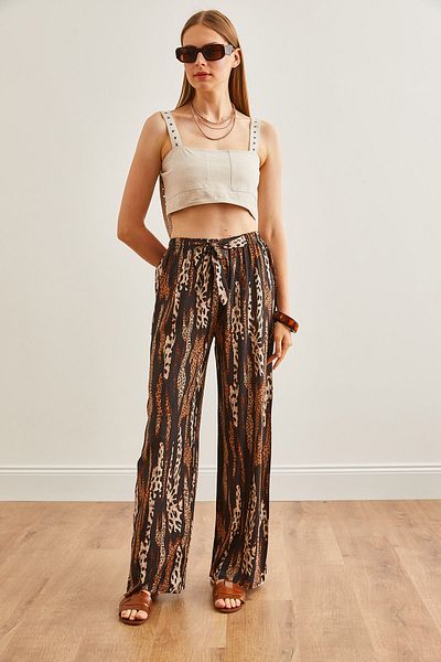Olalook Leopard Patterned Viscose Palazzo Women's Trousers - Brown, PNT-19000282