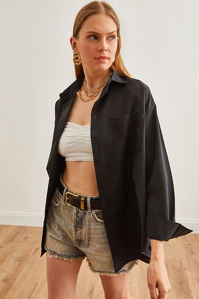 Olalook Černá dámská košile Oversize s jednou kapsou - GML-19001220