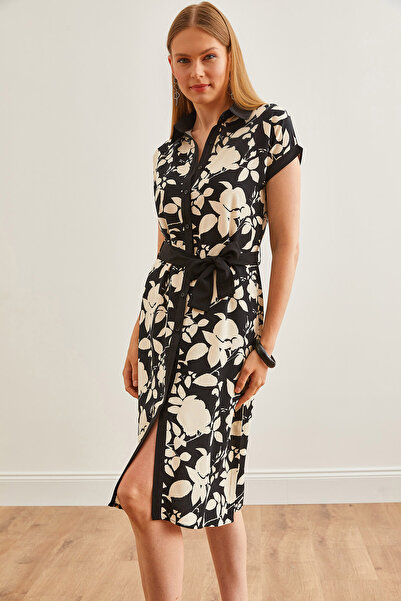 Olalook Černé viskózové mini košilové šaty s páskem - ELB-19002200