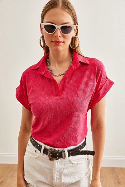 Olalook Fuchsiafarbene Rollkragenbluse für Damen – umgeschlagene Ärmel BLZ-19002677