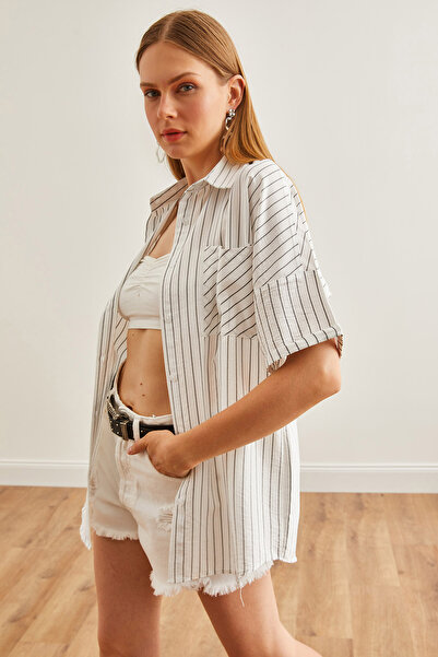 Olalook Cămașă pentru femei cu dungi albe cu un singur buzunar - GML-19001223