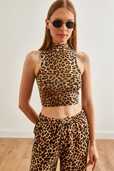 Olalook Béžová leopardí vzorovaná lycra dámská plodinová halenka - BLZ-19001807