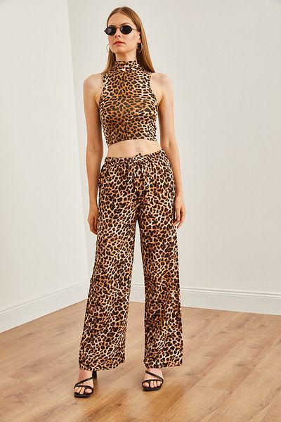Olalook Beige Viscose Palazzo Trousers - Leopard Pattern, PNT-19000282