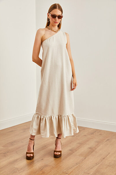 Olalook Stone Color Single Shoulder Ruffle Linen Dress - ELB-19002197