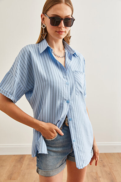 Olalook Baby Blue γυναικείο πουκάμισο μονό ριγέ τσέπης - GML-19001223