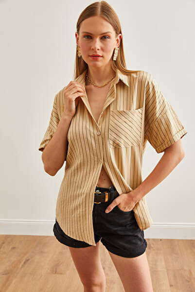 Olalook Μπεζ ριγέ γυναικείο πουκάμισο μονής τσέπης - GML-19001223
