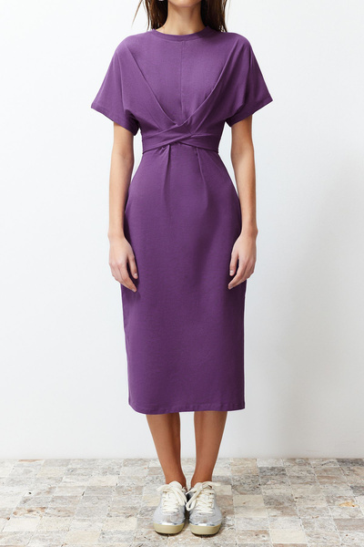 Trendyol Collection Fialové 100% bavlněné midi pletené tužkové šaty v pase s rozparkem a kravatou TWOSS21EL0404