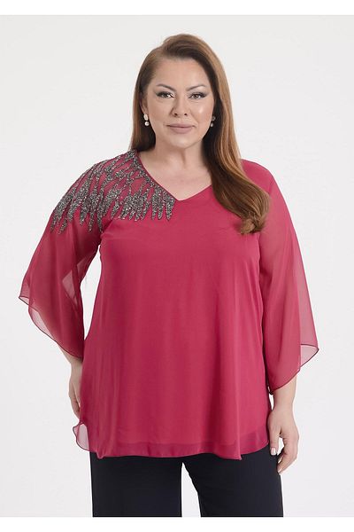 LİLAS XXL Bluză de rochie de seară cu decolteu în V din șifon de culoare fuchsia