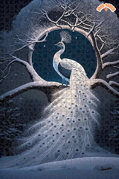 Teona Ahşap Kış Gecesi Beyaz Tavus Kuşu Dekoratif Çift Katlı Çerçeveli Asılab...