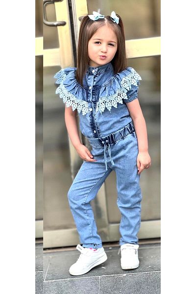 Calisa Cămașă din denim cu volane și pantaloni din denim pentru fete, set de 2 piese de sărbătoare