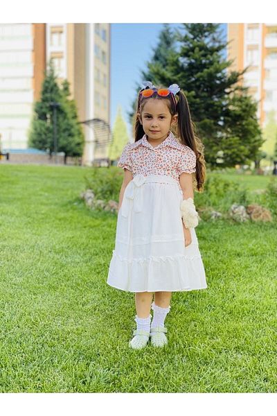 Asortik Kids Rochie de vară cu mâneci pepene verde cu imprimeu floral pentru fetiță, cu detaliu ursuleț de pluș, 4-11 ani