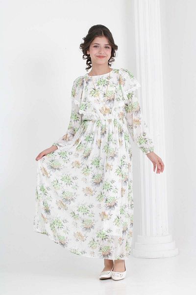 Asortix Rochie lungă din șifon, căptușită pentru fete, cu imprimeu floral, cu detaliu de colier care nu se vede