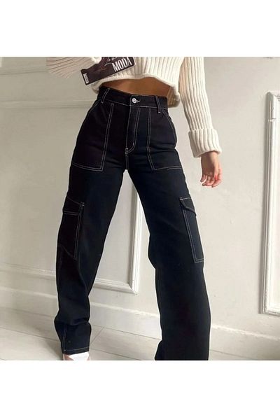 Asortix Girl's Black Reverse Stitch Detailed Denim Cargo Pants Denim Jean