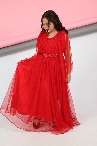 Asortik Kids Girl's Waist Sequin Embroidered Back Elastic Lace Sleeve Detail Evening Dress Graduation Wedding Prom Dress