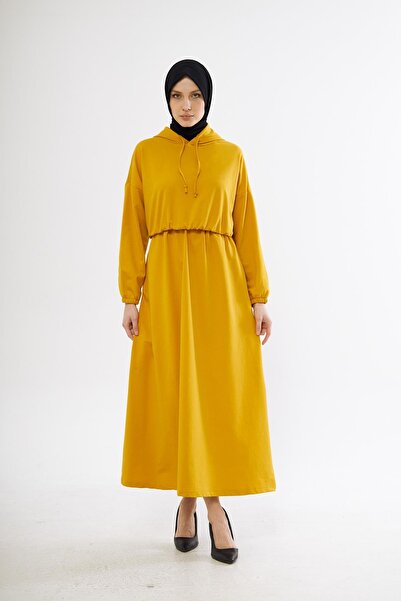 LİVE SPORT Kadın Beli Büzgülü Kapüşonlu Uzun Elbise - Hardal