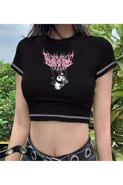 Touz Moda Γοτθικό Harajuku Fashion Anime Kuromi Sanrio Half γυναικείο μπλουζάκι