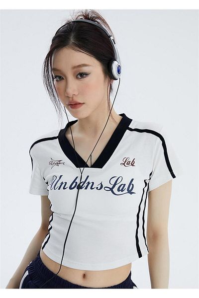 Touz Moda Y2k V-Neck ριγέ λευκό περικοπή