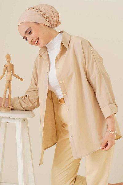 Bigdart 103901 Oversize Basic Hijab Shirt - Cream