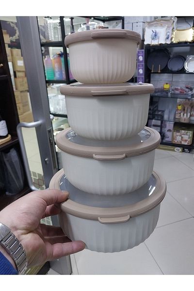 VİP AHMET Vacuumed Four Size Round Storage Container - Cream